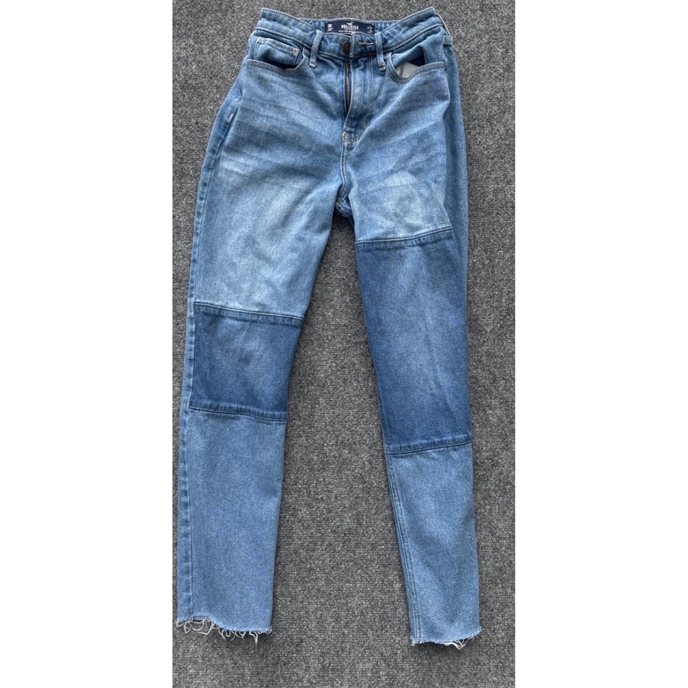 Hollister Ultra High Rise Mom Jeans Blue Patchwork Colorblock 0R W24 L27 Stretch